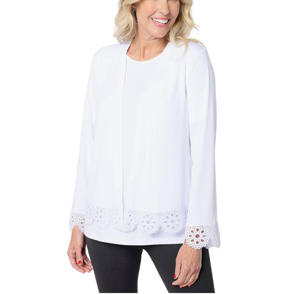 Susan Graver Women's Knit 3/4 Slv Shrug w/ Scalloped Lace White - Regular